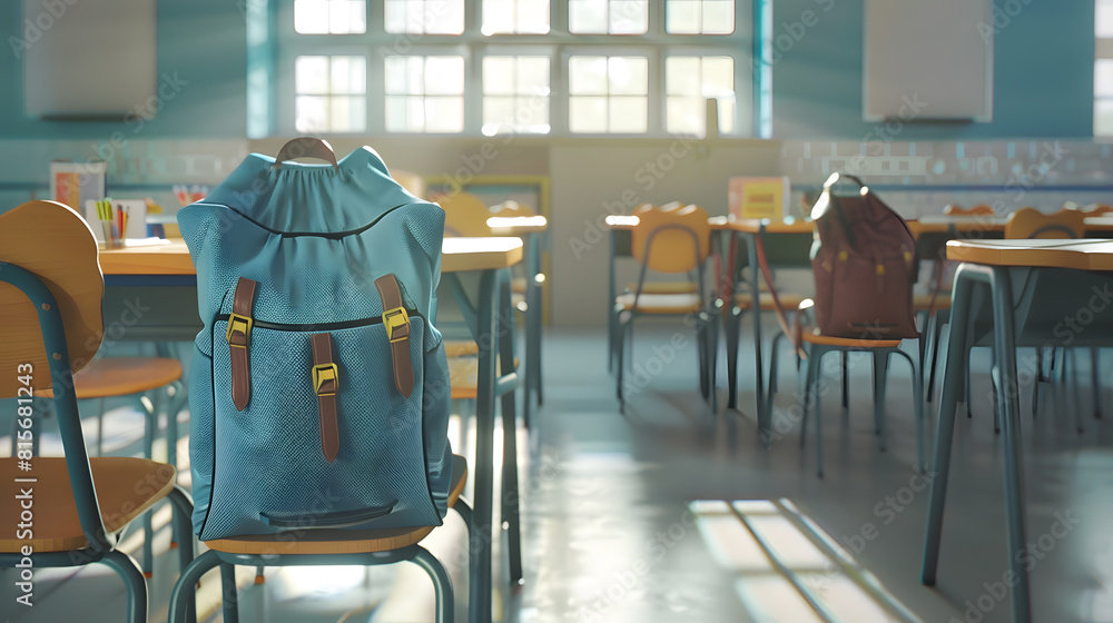 Poster interior of stylish empty classroom with backpacks and stationery : generative ai