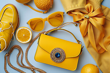  Flat lay with woman fashion accessories in yellow colors. Fashion blog, summer style, shopping and trends idea