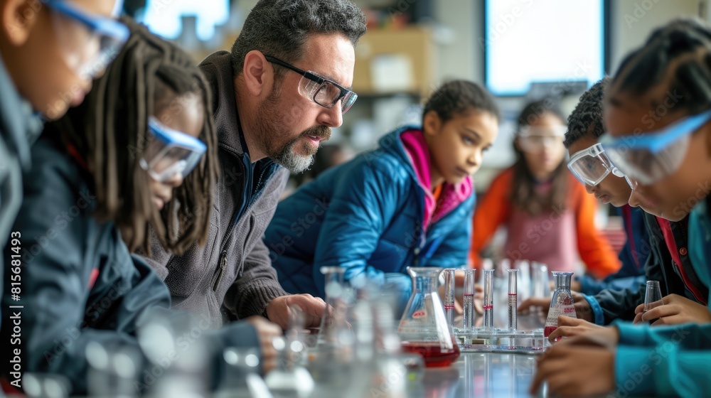 Poster a fun event is taking place in a lab where a group of children are conducting a science experiment, 