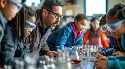 A fun event is taking place in a lab where a group of children are conducting a science experiment,...