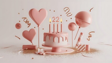 Minimalist 3D Happy 22nd Birthday Background With Balloons , Hearts, Confetti And Candles, Happy Birthday Background