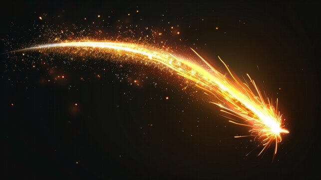 Sparks from a weld metal blade, firework flares, and comet trails. Light from a circular saw, asteroid flying by on transparent background. Three-dimensional modern clip art.