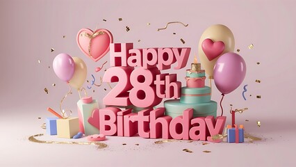 Minimalist 3D Happy 28th birthday Background with Candles, Balloons, and Confetti