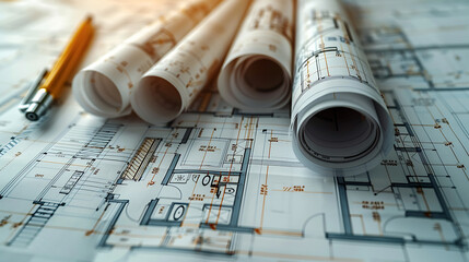 Detailed architectural blueprints with multiple building plans, rolled up scrolls and drafting tools, depicting the design process