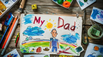 Child's drawing of a father titled My Dad and colored pencils on a wooden table. Father's Day banner