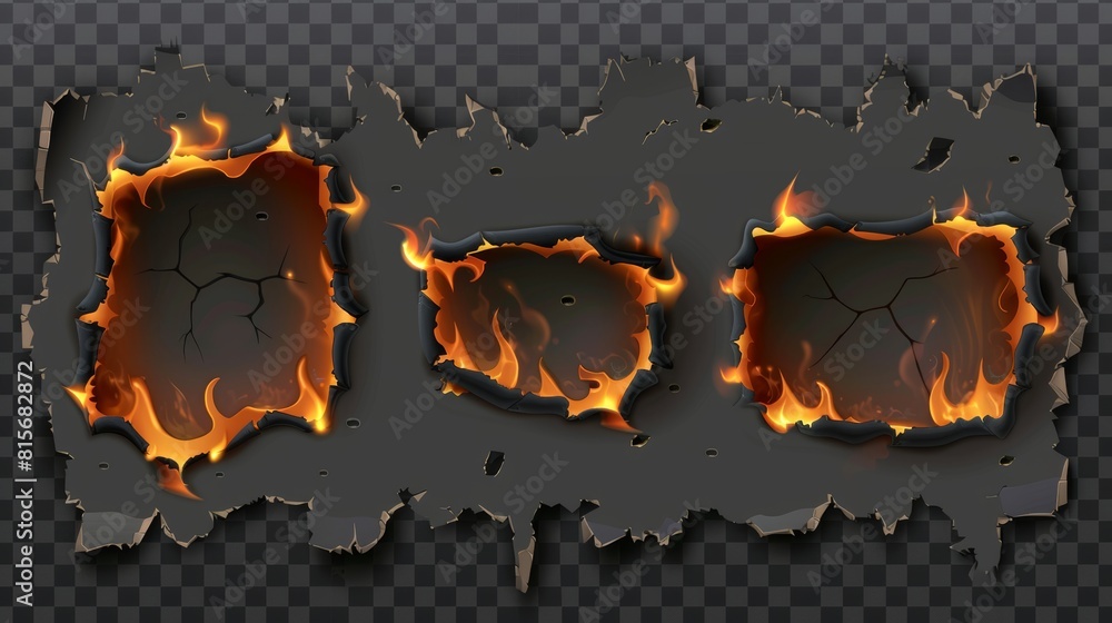 Poster an isolated set of three shapes frames from scorched and smoldering paper sheets with torn edges and