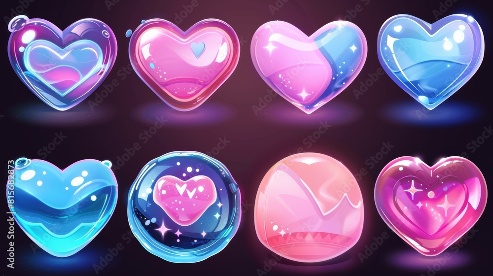 Poster animated heart-shaped soap bubbles during video animation sequence stages. ui elements for games, we