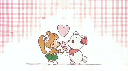 Girl gives Teddy Bear flowers with heart on checkered background