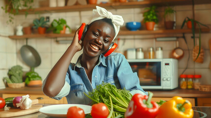 Happy joyful African dancer girl listening to music dancing while preparing dinner in home kitchen having fun at cooking island table with cut vegetables healthy organic food ingredien : Generative AI
