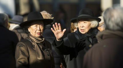 Two older Asian women, dressed in black, wearing hats and surrounded by people