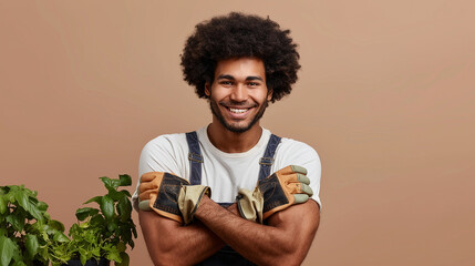 Smiling man with afro hair and arms crossed, wearing overalls with suspenders and gardening gloves - Powered by Adobe