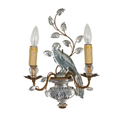 sword on white,Wall lamp In gilded metal with two arms of light with engraved glass decoration of a bird posed on a vase and foliage