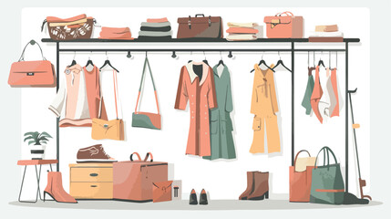 Vector illustration showroom. Coat rack with clothes