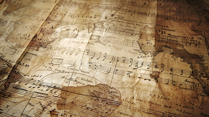 Background textured with old maps, sheet music, or vintage photographs.