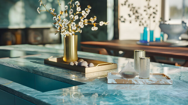 Luxury modern and vintage turquoise interior Marble kitchen island with wooden chockers Brown wooden table with metalic tray and metalic gold vase with white decorations : Generative AI