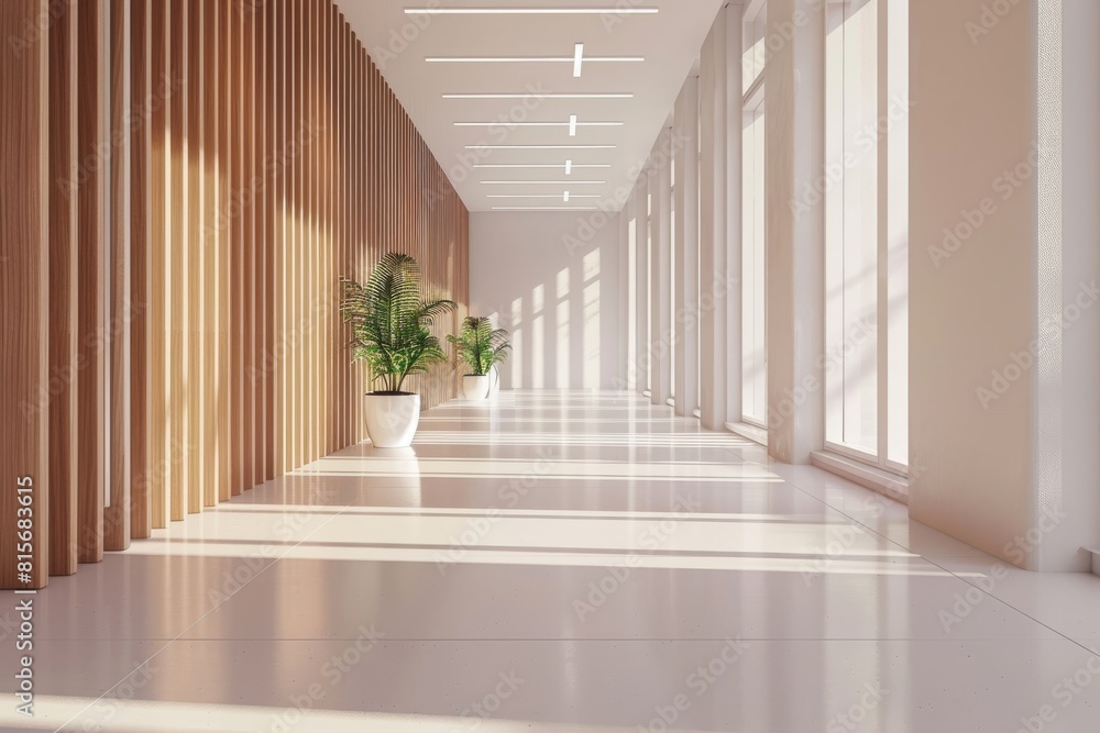 Wall mural Modern empty foyer or office corridor with sleek clean layout. Idea indoor photos minimal style bright illumination office design lobby