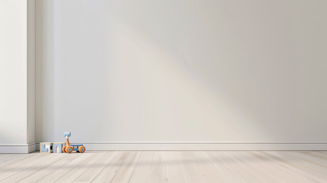 Empty apartment in white color with kid's toys. Minimalism style. Copy space.
