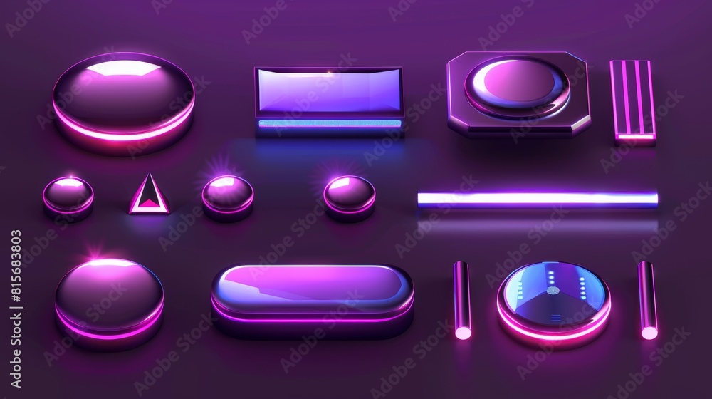 Poster ui navigation switchers in round, square, and triangle shapes, volume control buttons, equalizers, s