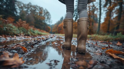 person in a weelingon boos walking on a rural dirt road with mud and puddles. 