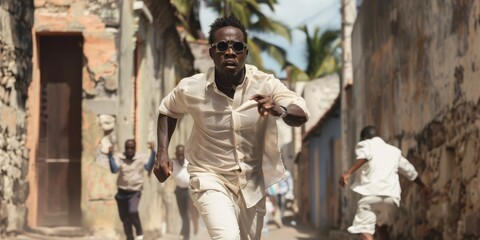 A black man in sunglasses runs through a narrow street in a Latin city. AIG51A.