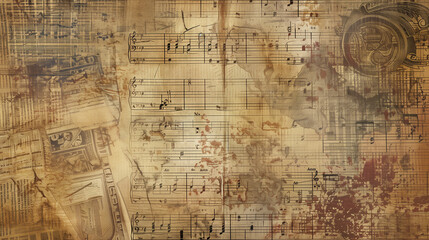 Background textured with old maps, sheet music, or vintage photographs.
