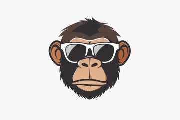 Fototapeta premium a monkey's head in sunglasses on a white background. A cute cartoon character of a cool, smart, young, wise chimpanzee dressed stylishly. A flat illustration.