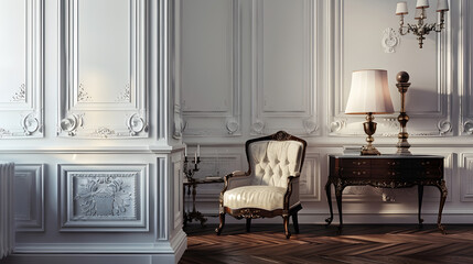 Chic luxurious guest room design with oldfashioned antique furniture white walls are decorated with relief there is a beautiful dark brown parquet on the floor : Generative AI