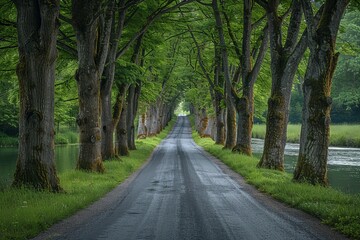 Fototapeta premium Poplar Tree Lined Road: Symmetrical rows of trees along a country road.