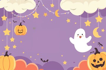 pumpkins, white ghosts, bats and yellow stars on Purple background. Design elements for Halloween party. Flat cartoon illustration.