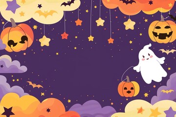 pumpkins, white ghosts, bats and yellow stars on Purple background. Design elements for Halloween party. Flat cartoon illustration.