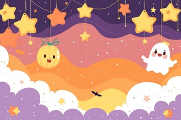 pumpkins, white ghosts, bats and yellow stars on Purple background. Design elements for Halloween party. Flat cartoon illustration.