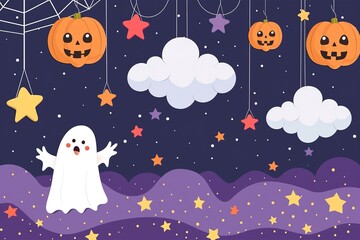 Fototapeta premium pumpkins, white ghosts, bats and yellow stars on Purple background. Design elements for Halloween party. Flat cartoon illustration.