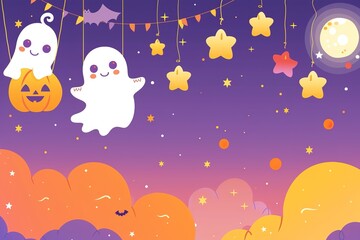 Fototapeta premium pumpkins, white ghosts, bats and yellow stars on Purple background. Design elements for Halloween party. Flat cartoon illustration.