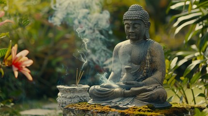 Buddha statue. A peaceful scene of someone practicing yoga or meditation in a serene natural setting, promoting mental and emotional well-being.
