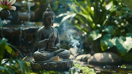 Buddha statue. A peaceful scene of someone practicing yoga or meditation in a serene natural setting, promoting mental and emotional well-being.