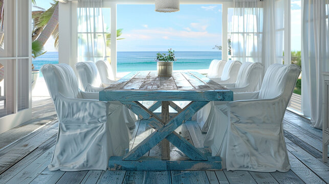A coastal-inspired trestle table with a weathered blue finish, surrounded by white slipcovered chairs, in a beach house dining room overlooking the ocean