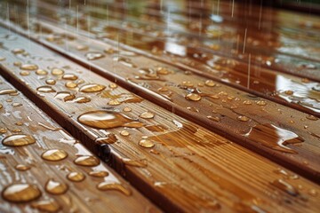 Water On Wood. Summer Rain Glistening on Deck of Cedar Wood Bungalow