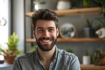 Obraz premium Man Picture. Closeup Portrait of Confident Millennial Man Smiling and Posing at Home