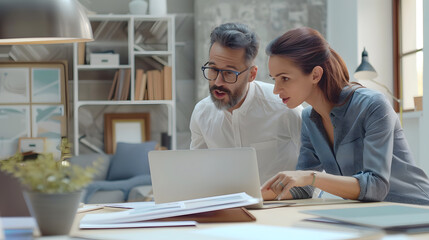 Obraz premium Contemporary designer pointing at home interior example on laptop display while consulting with colleague holding linoleum samples : Generative AI