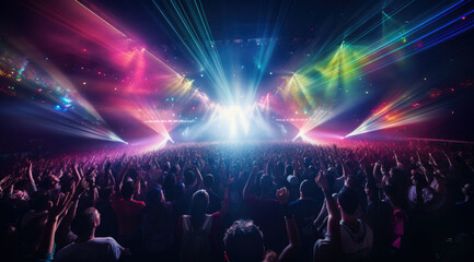 silhouettes of concert crowd in front of bright stage lights.