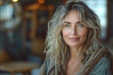 Fototapeta premium A woman with long wavy blonde hair is smiling at the camera. She is wearing a green jacket.