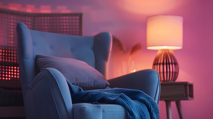 Grey armchair and pink wall in spacious bedroom interior with blue blanket on bed next to a wooden lamp : Generative AI