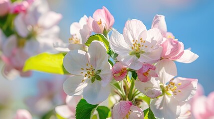 Obraz premium Macro Photography of Flowers on an Apple Tree against a Blue Sky