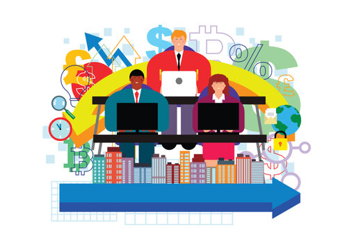 Happy office workers in global business