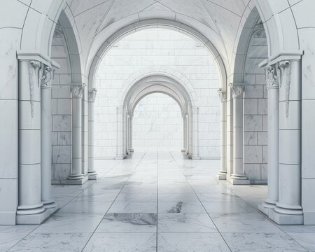 Cathedral crypt entrance clean white marble and minimalist walkway poles under arch