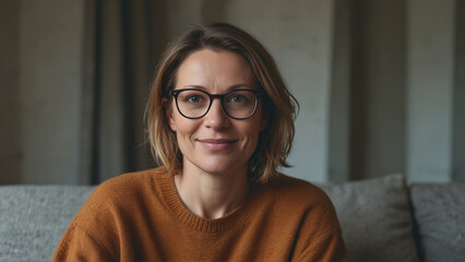 Portrait of a woman with short brown hair and glasses is sitting on a couch and smiling at the...