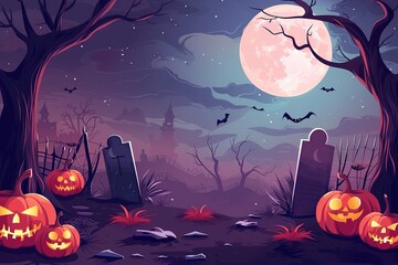 Halloween castle grave yard background with a spooky haunted castle, trees and graves and a full moon