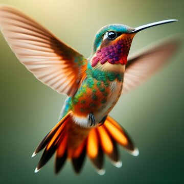 The hummingbird beats its wings at great speed.