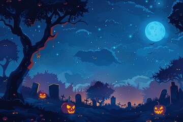 Halloween castle grave yard background with a spooky haunted castle, trees and graves and a full moon