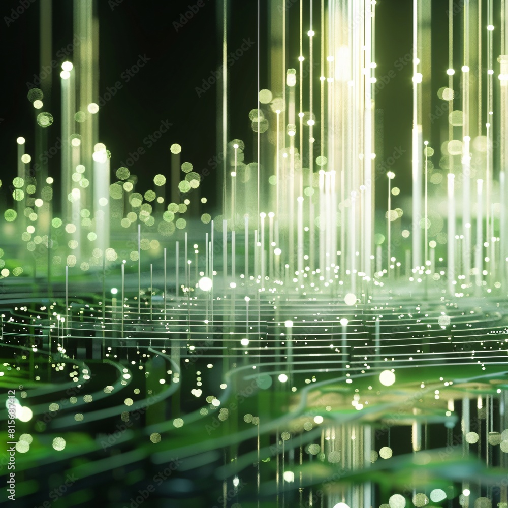 Poster abstract image of a circuit board and data with glowing green lights.